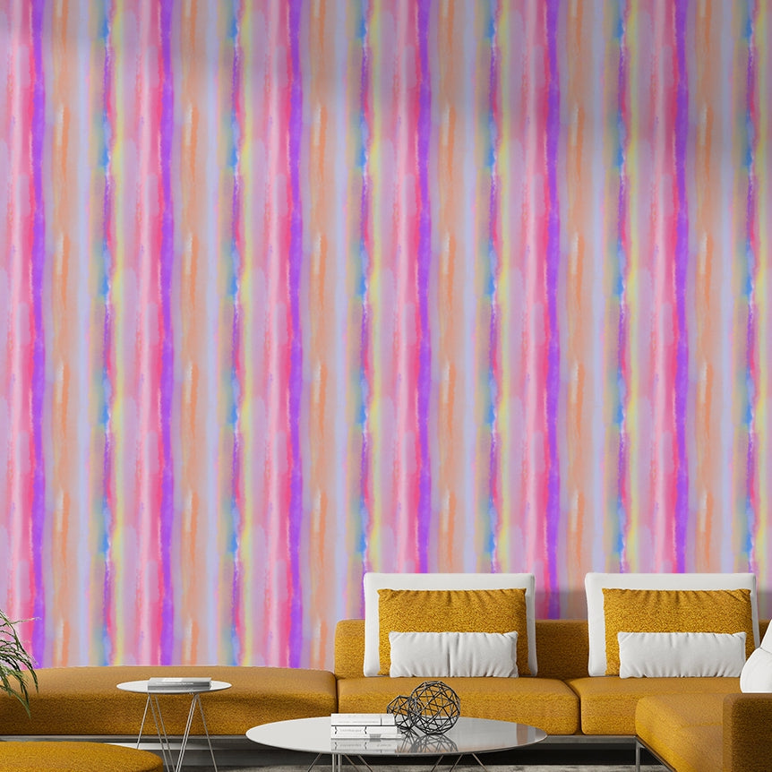 An artistic striped pattern mural on minimalist wallpaper.

