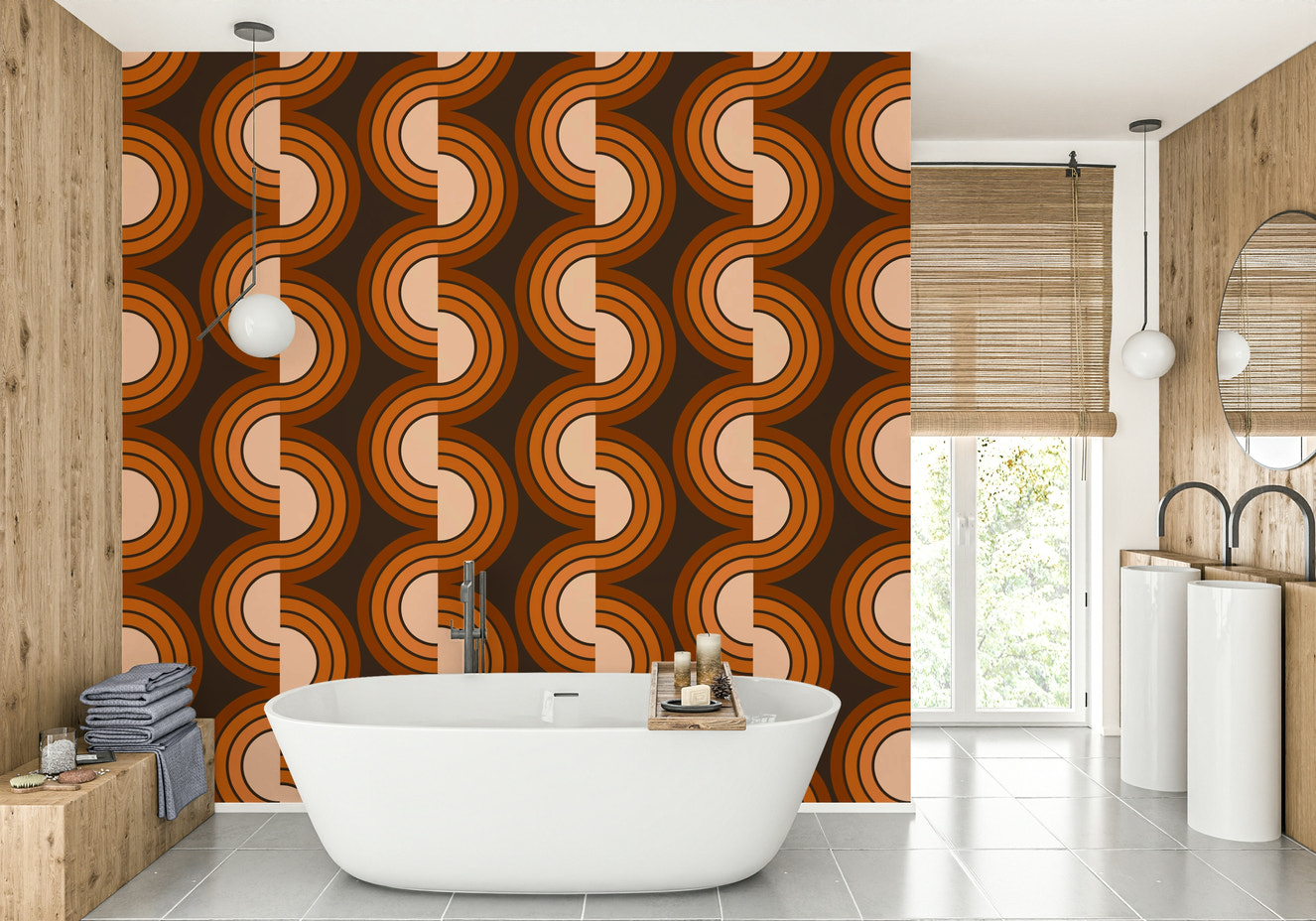 A beautiful colorful geometric wallpaper mural with a retro feel.

