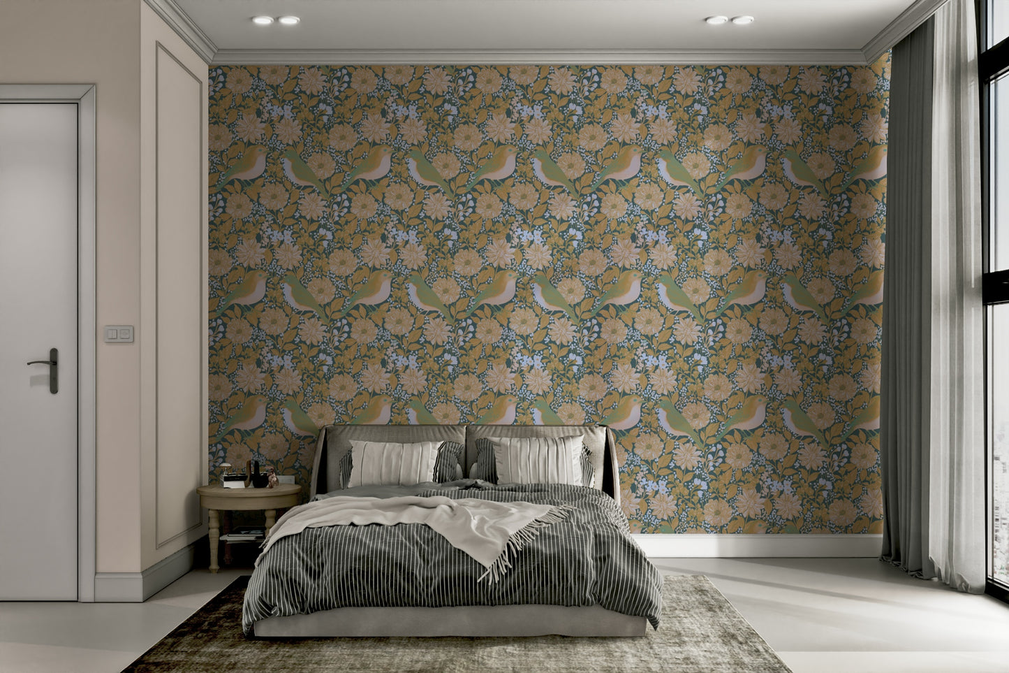 A calming floral design wallpaper mural that defines a space.

