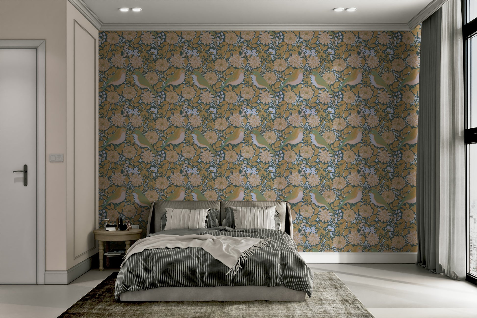 A calming floral design wallpaper mural that defines a space.

