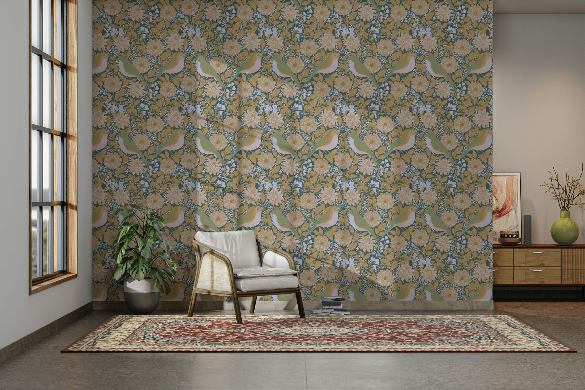 A classic bird print wallpaper for walls.

