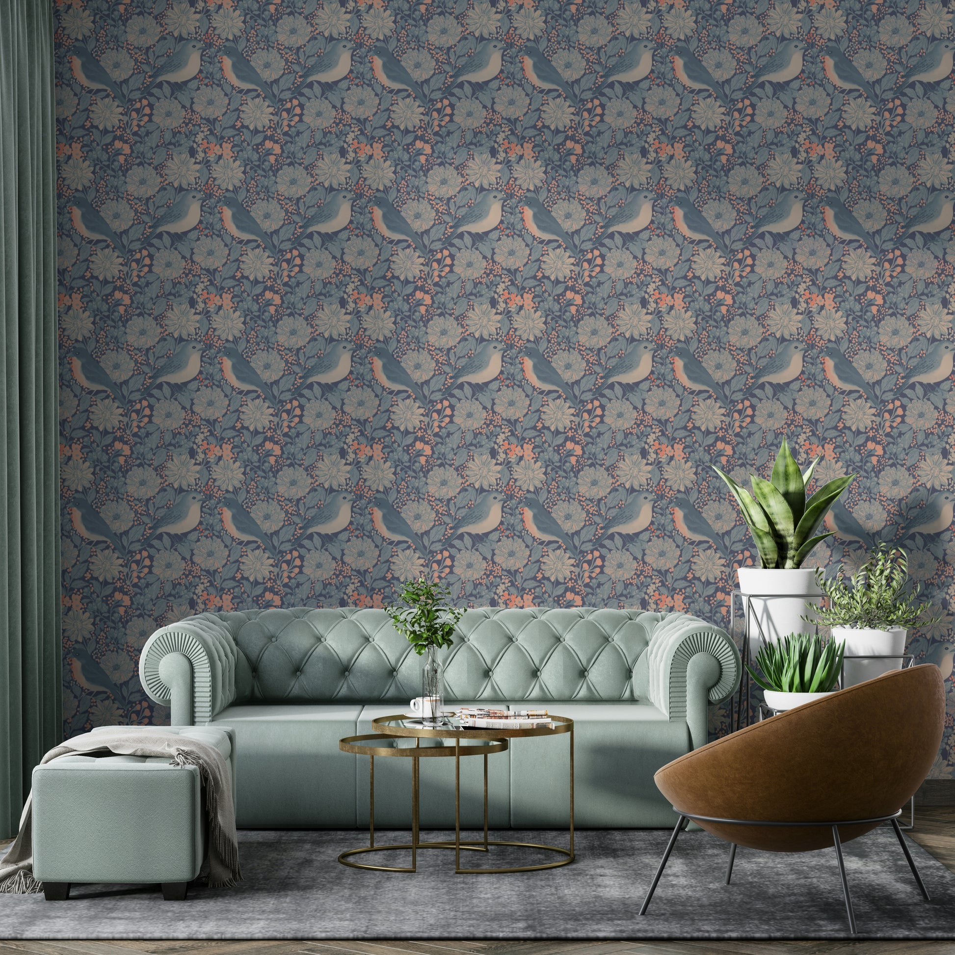A graceful subtle bird wall mural in cool, natural tones.

