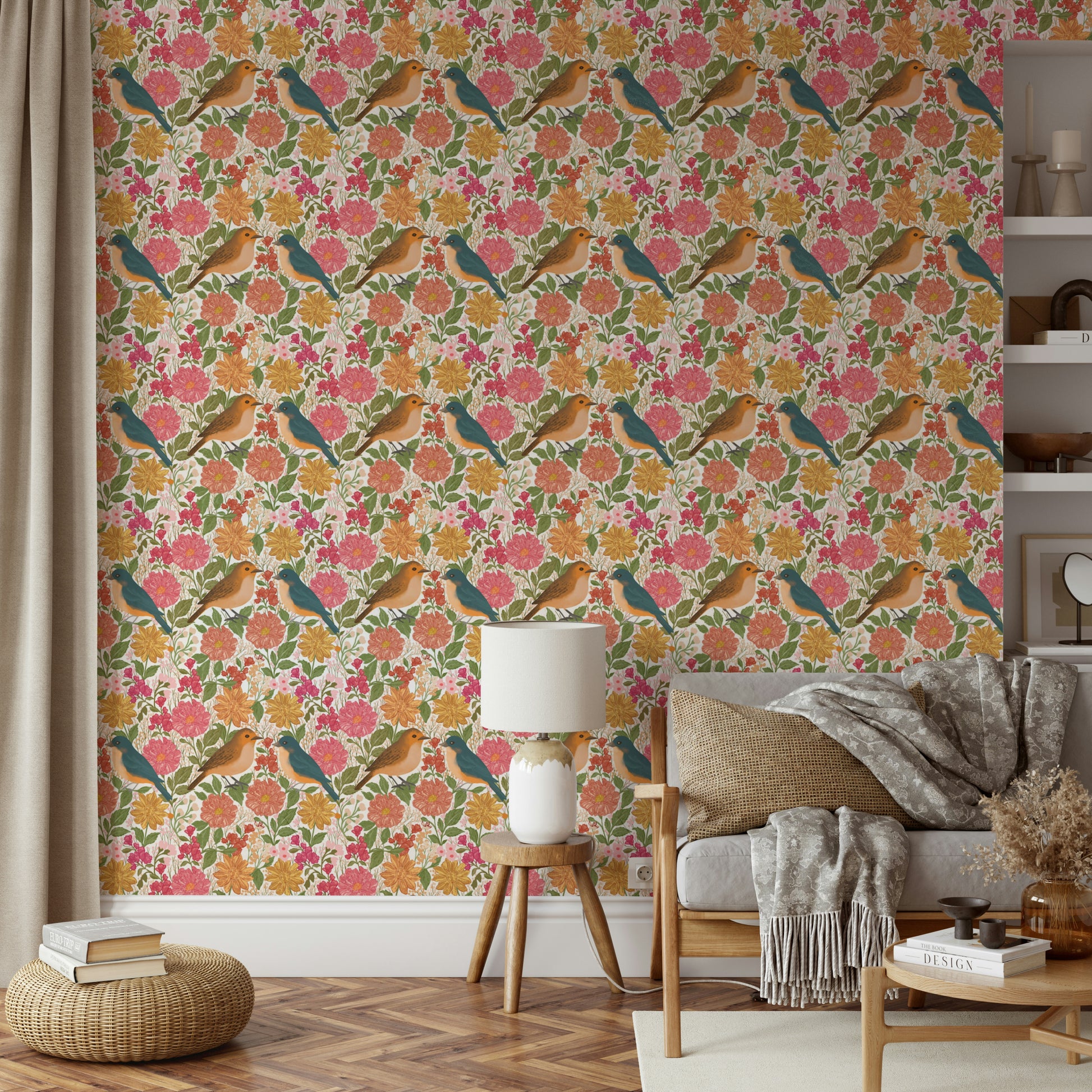 A calming songbird design wallpaper mural that defines a space.

