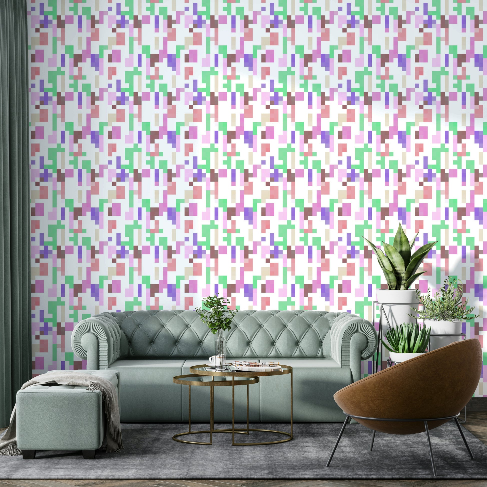 A contemplative pixelated design wallpaper mural for a feature wall.

