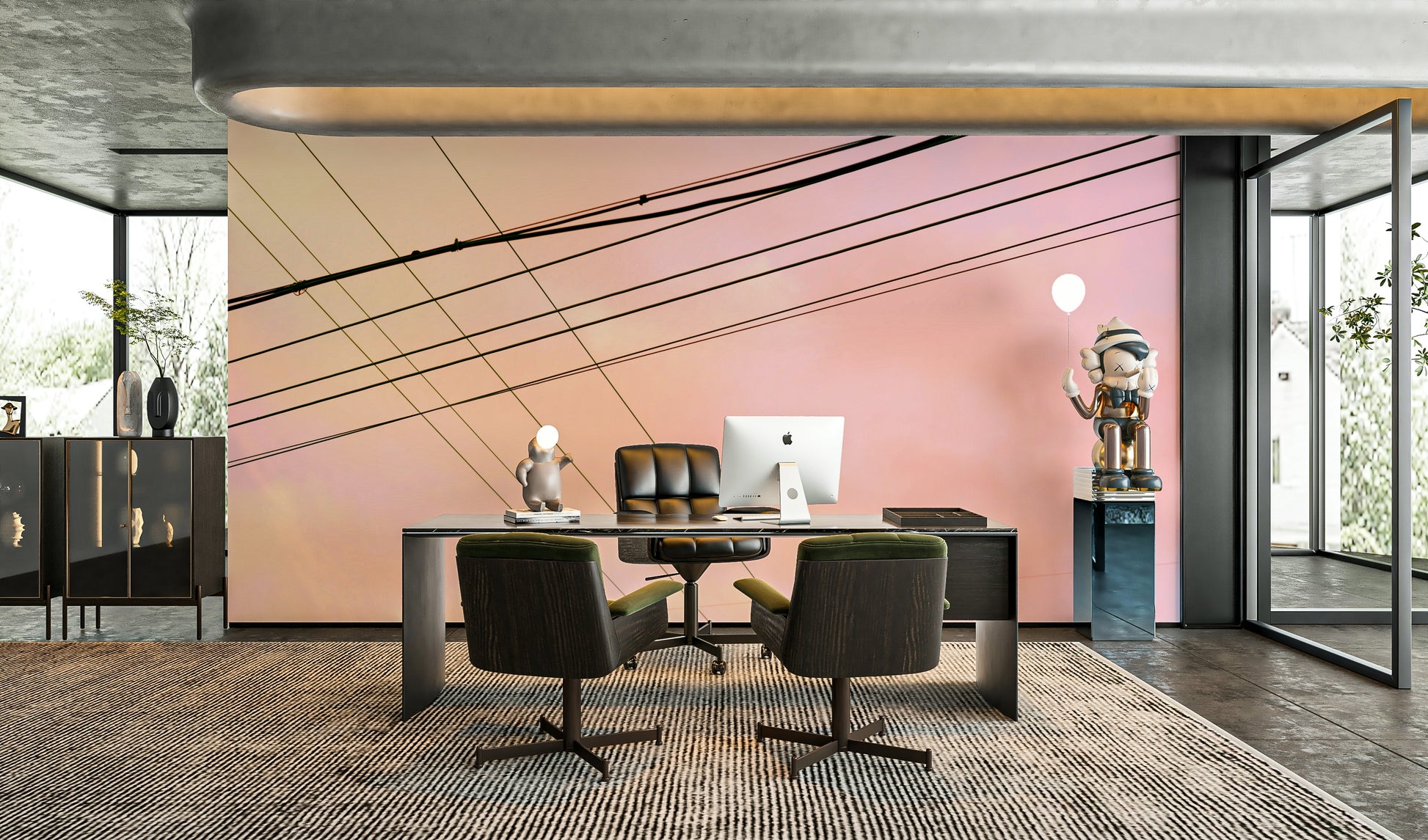 A graceful subtle geometric wall mural in cool, natural tones.

