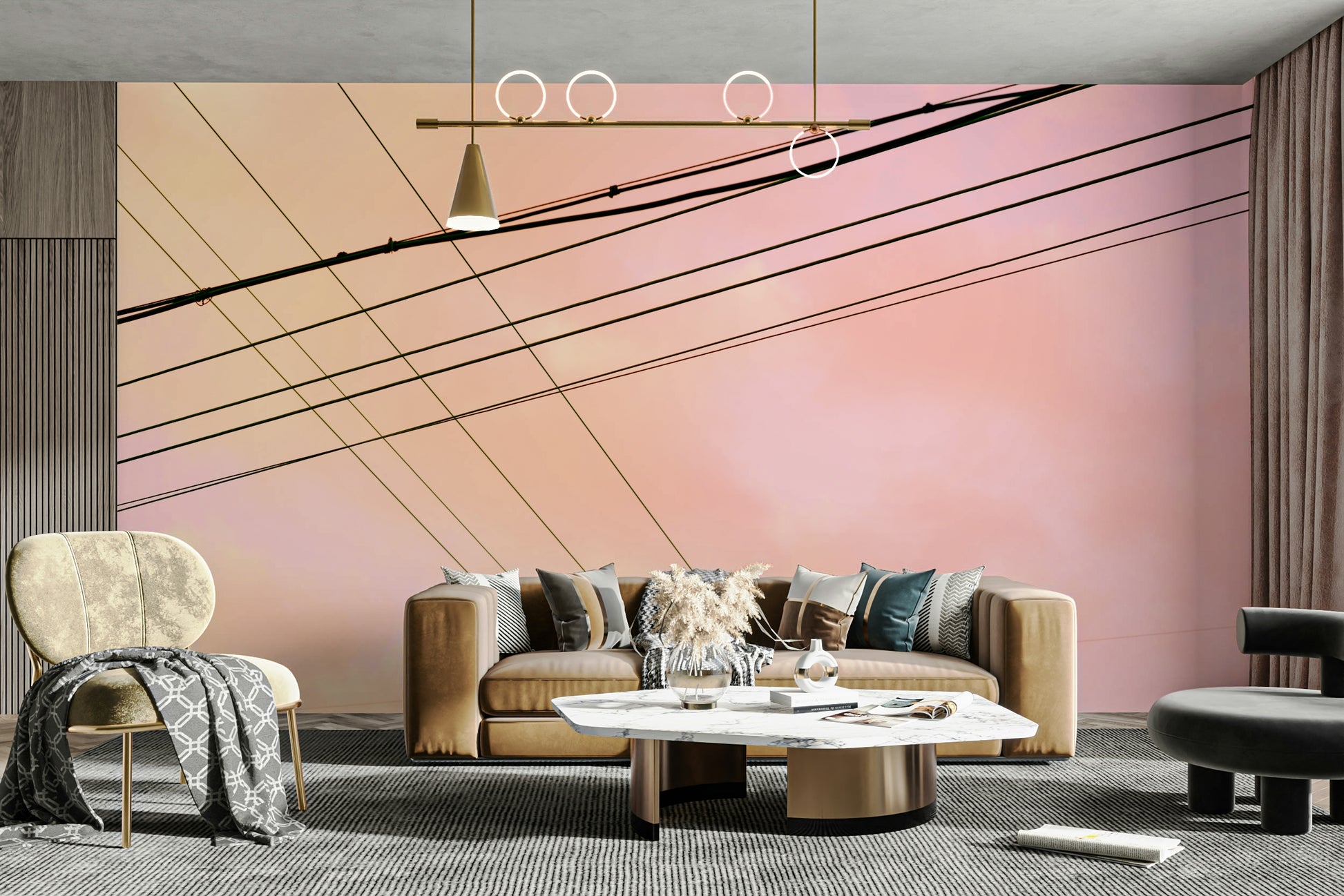 An artistic intersecting design mural on minimalist wallpaper.

