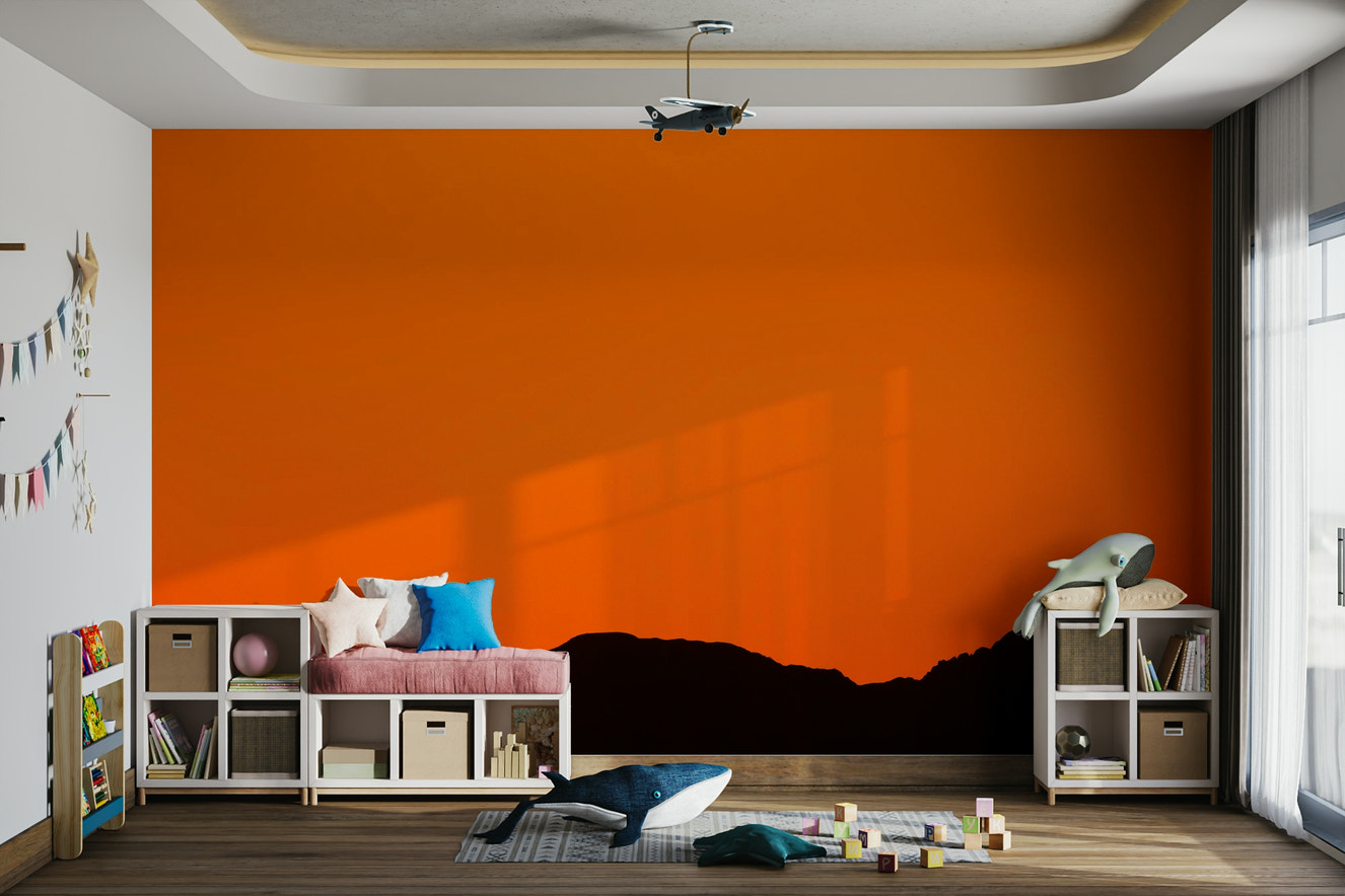A beautiful desert mountain wallpaper mural with a sunset.

