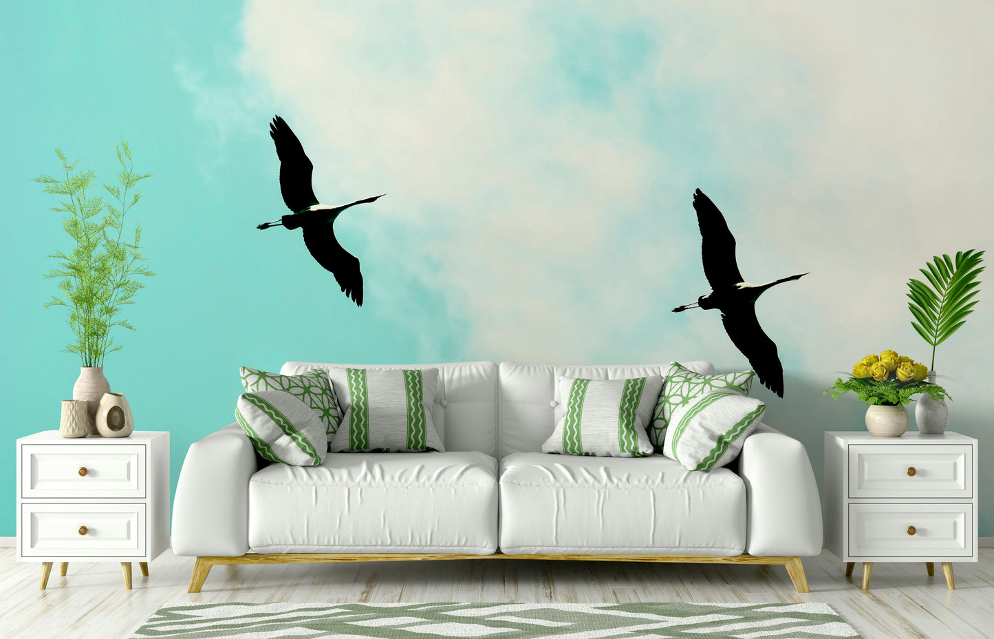 An artistic elegant crane mural on minimalist wallpaper.

