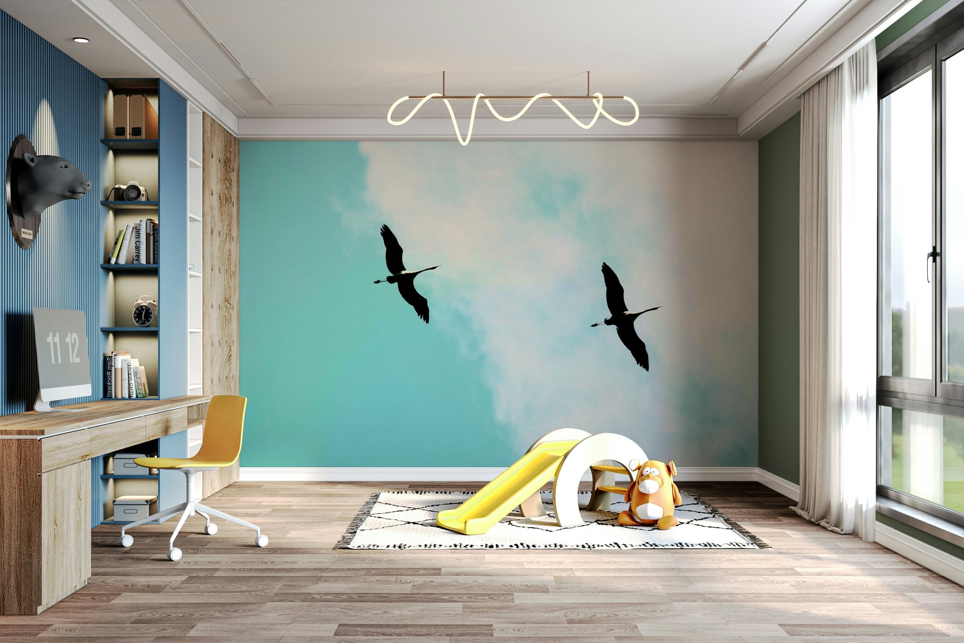 A calming serene bird wallpaper mural that defines a space.

