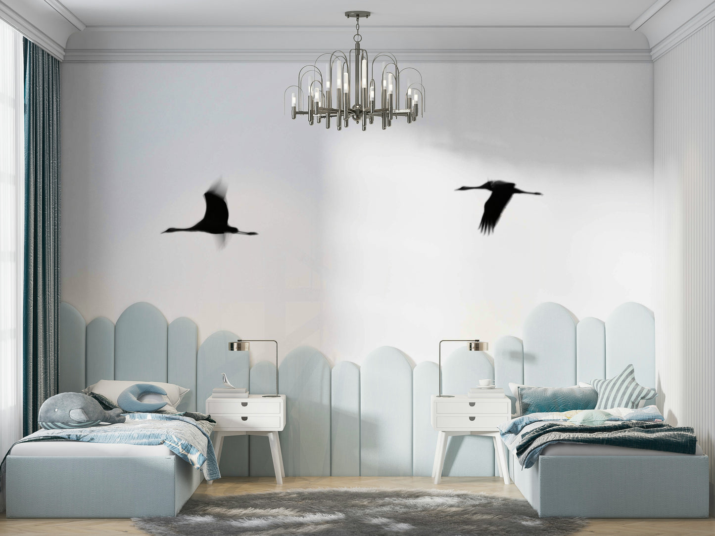 A beautiful flying crane wall mural for a living room.

