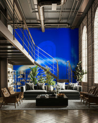 An artistic dreamy sky mural on minimalist wallpaper.

