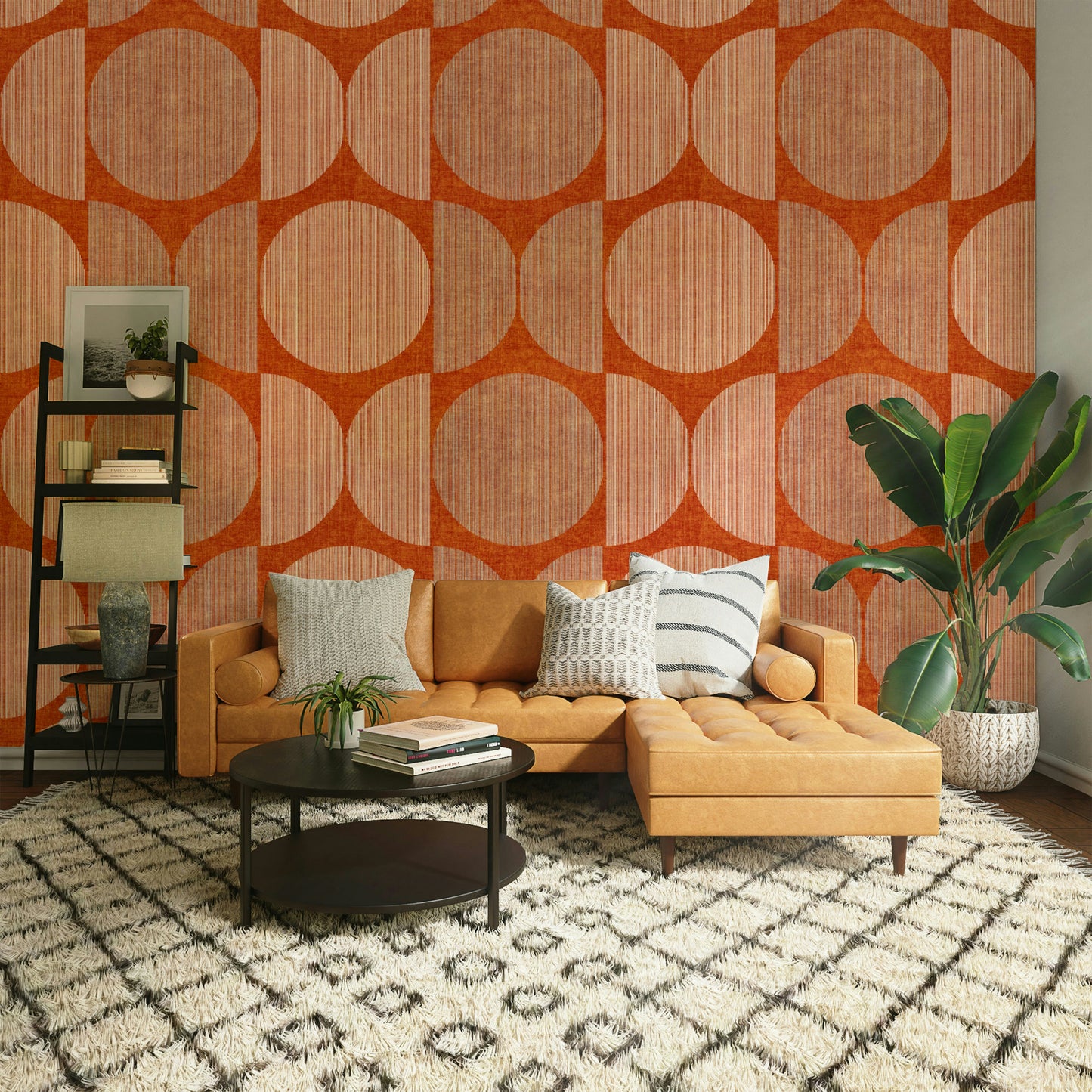 An artistic modern pattern mural on minimalist wallpaper.

