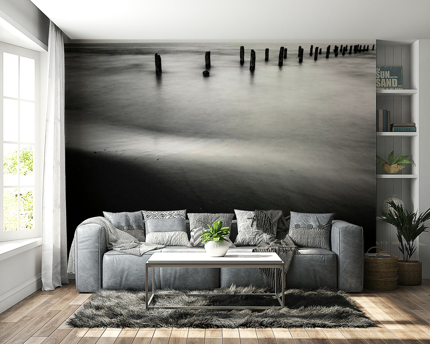 An artistic seaside view mural on minimalist wallpaper.

