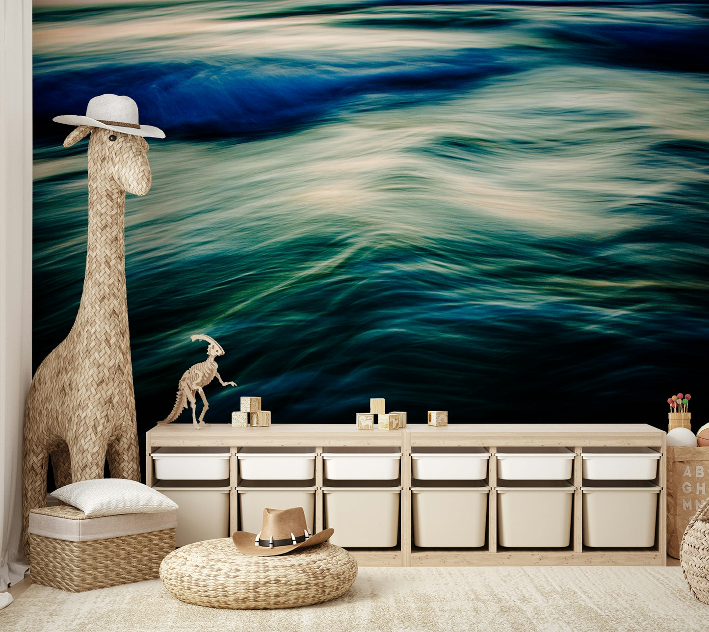 An artistic coastal scene mural on minimalist wallpaper.

