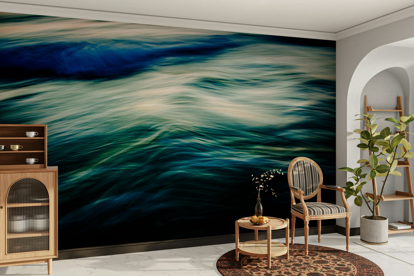 A beautiful abstract ocean wall mural for a living room.

