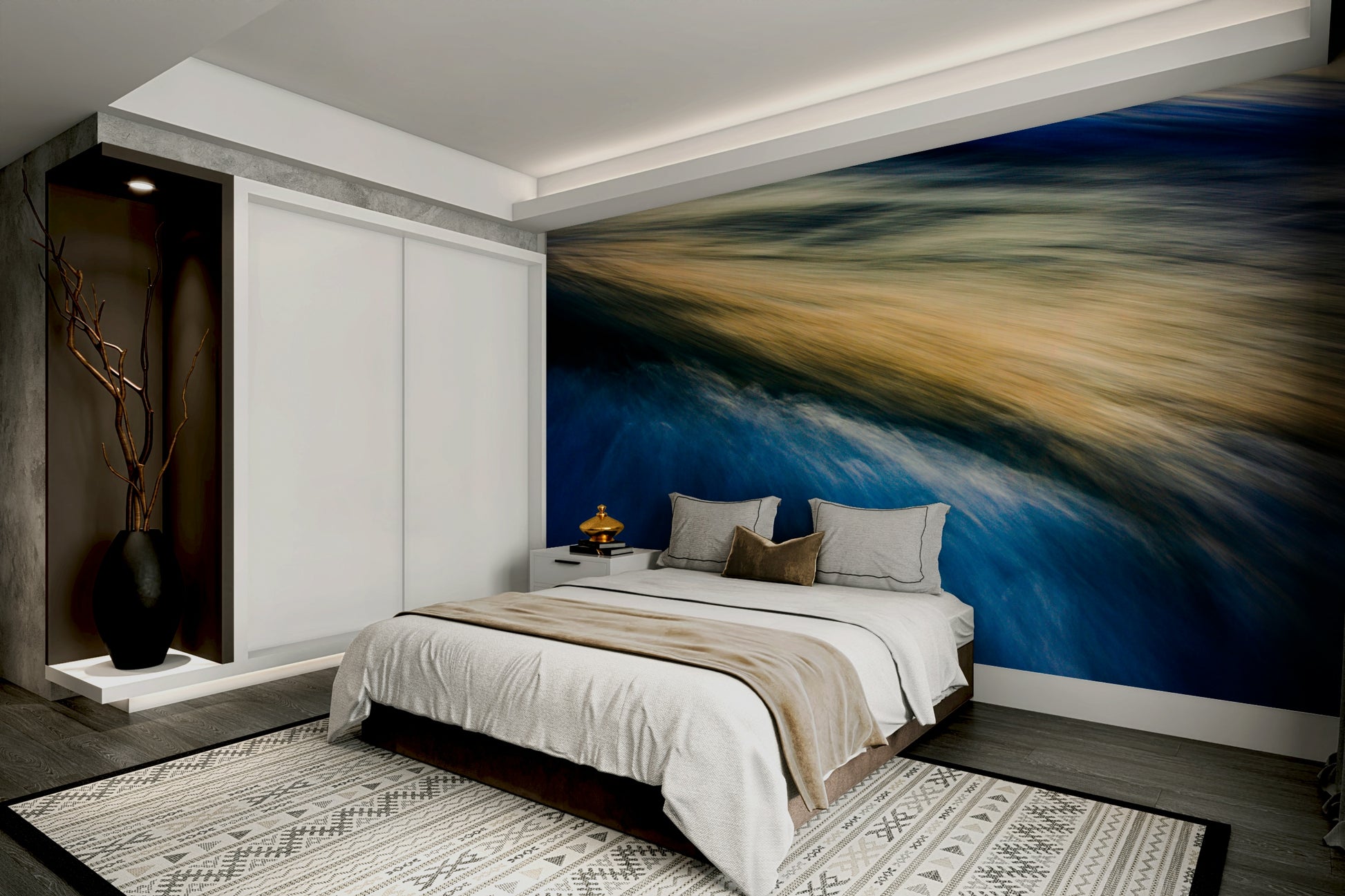 A peaceful open ocean mural on decorative wallpaper.


