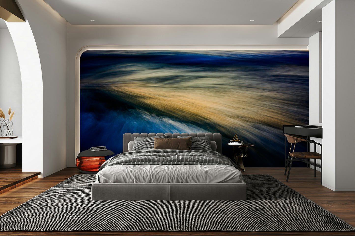 A calming water movement wallpaper mural that defines a space.


