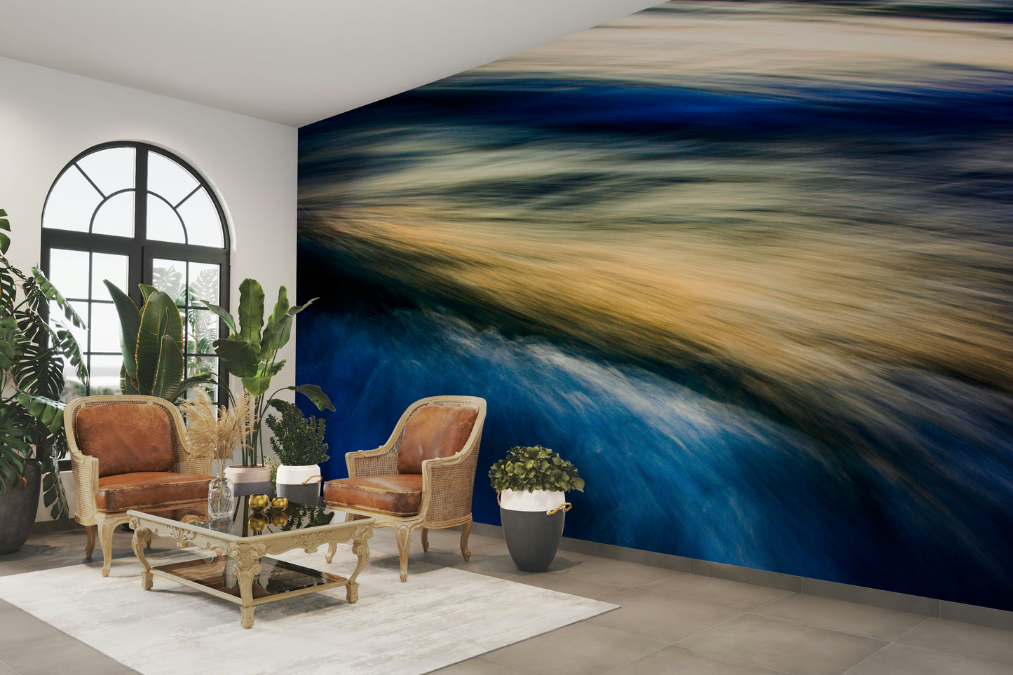 An artistic coastal scene mural on minimalist wallpaper.

