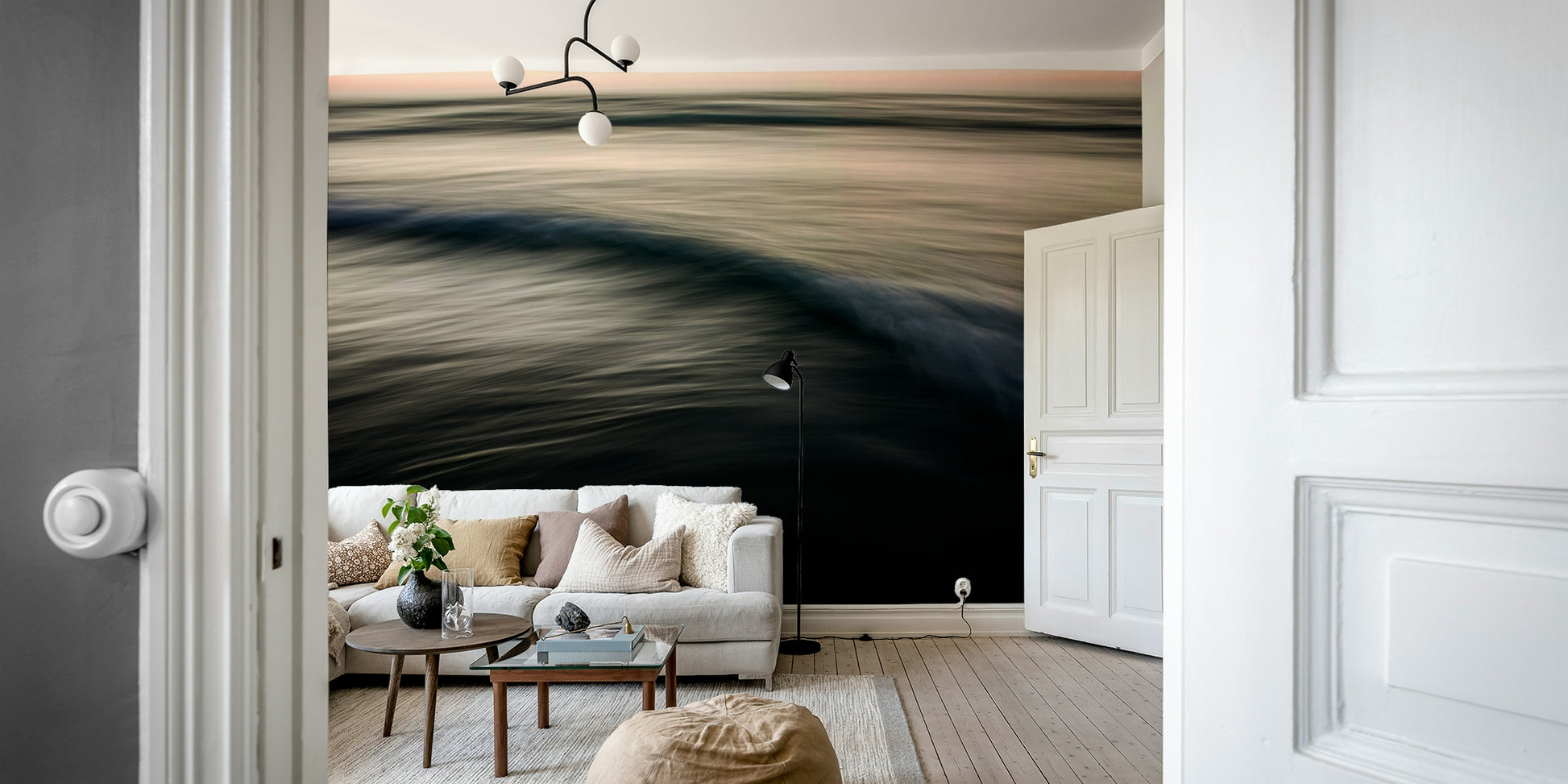 A calming water movement wallpaper mural that defines a space.

