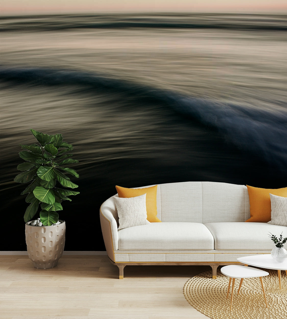 An artistic coastal scene mural on minimalist wallpaper.

