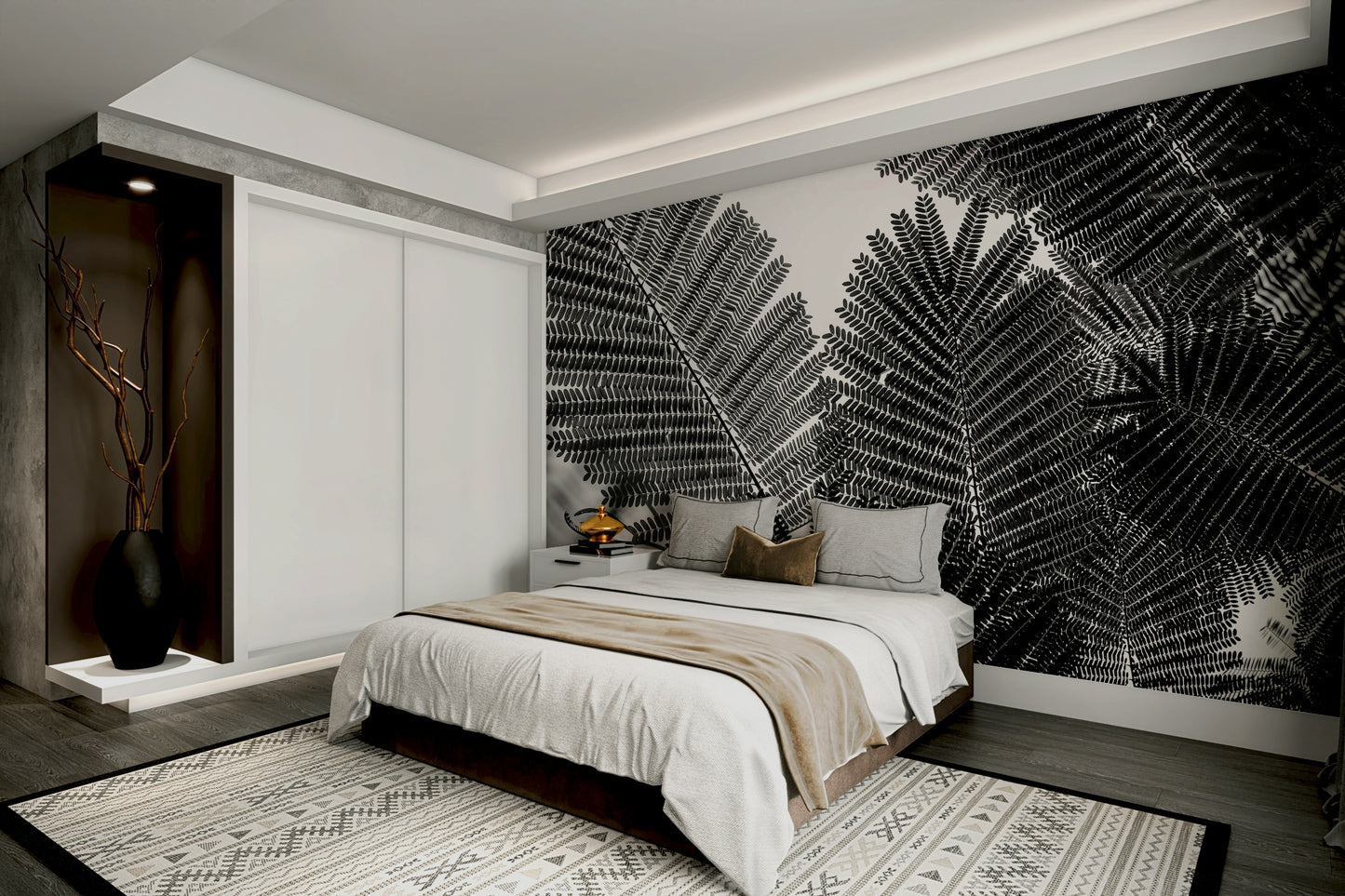 A peaceful geometric abstract mural on decorative wallpaper.

