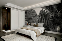 A peaceful geometric abstract mural on decorative wallpaper.

