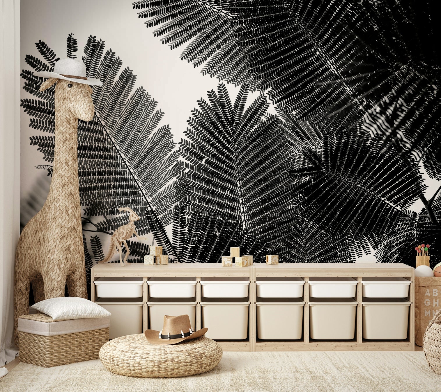 An artistic modern mural on minimalist wallpaper.

