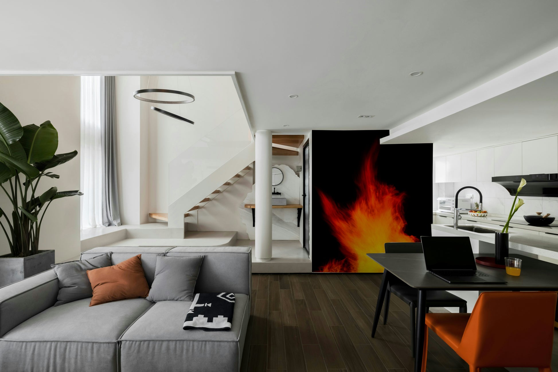 A serene bonfire light wall mural for your decor.

