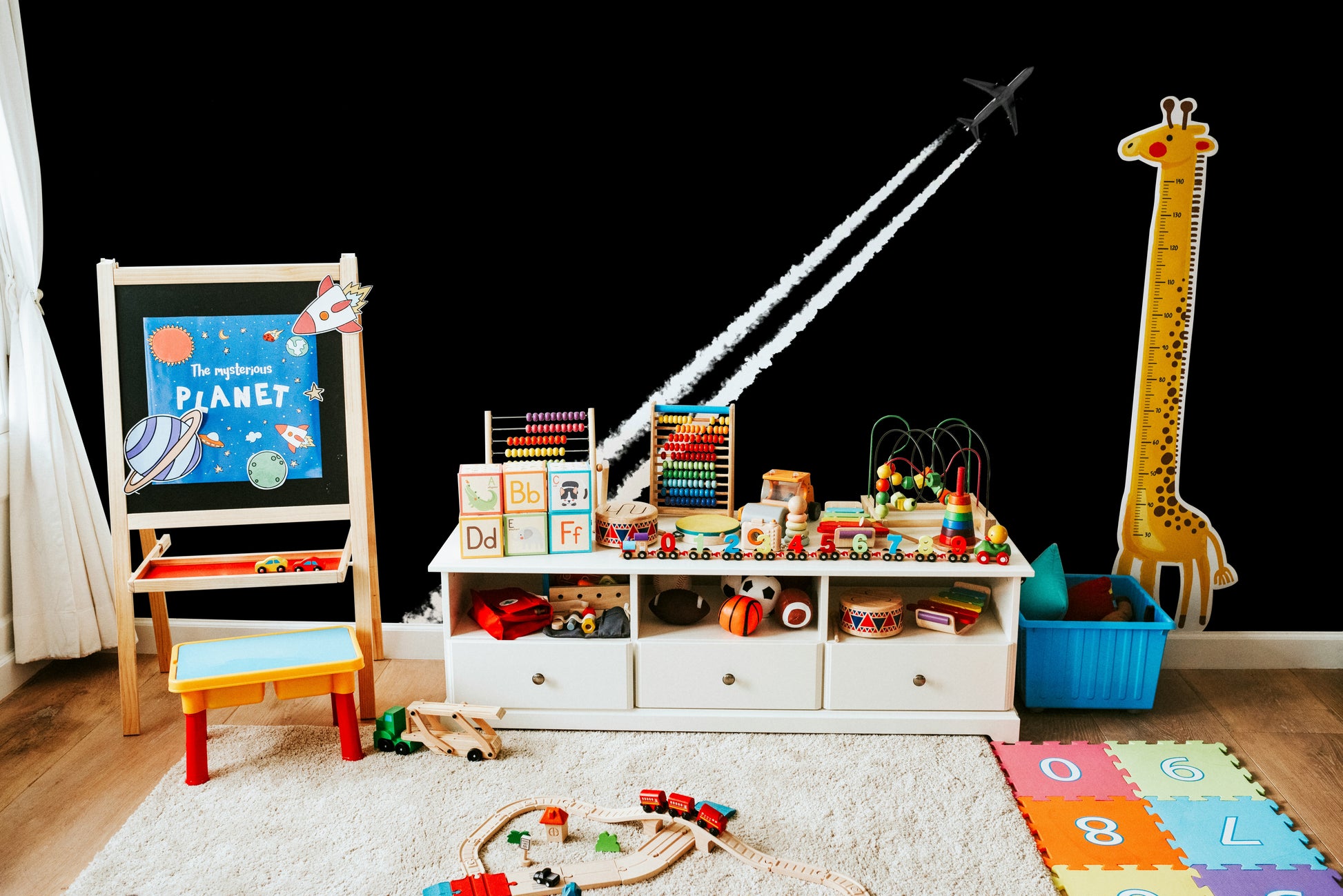 An artistic abstract design mural on minimalist wallpaper.

