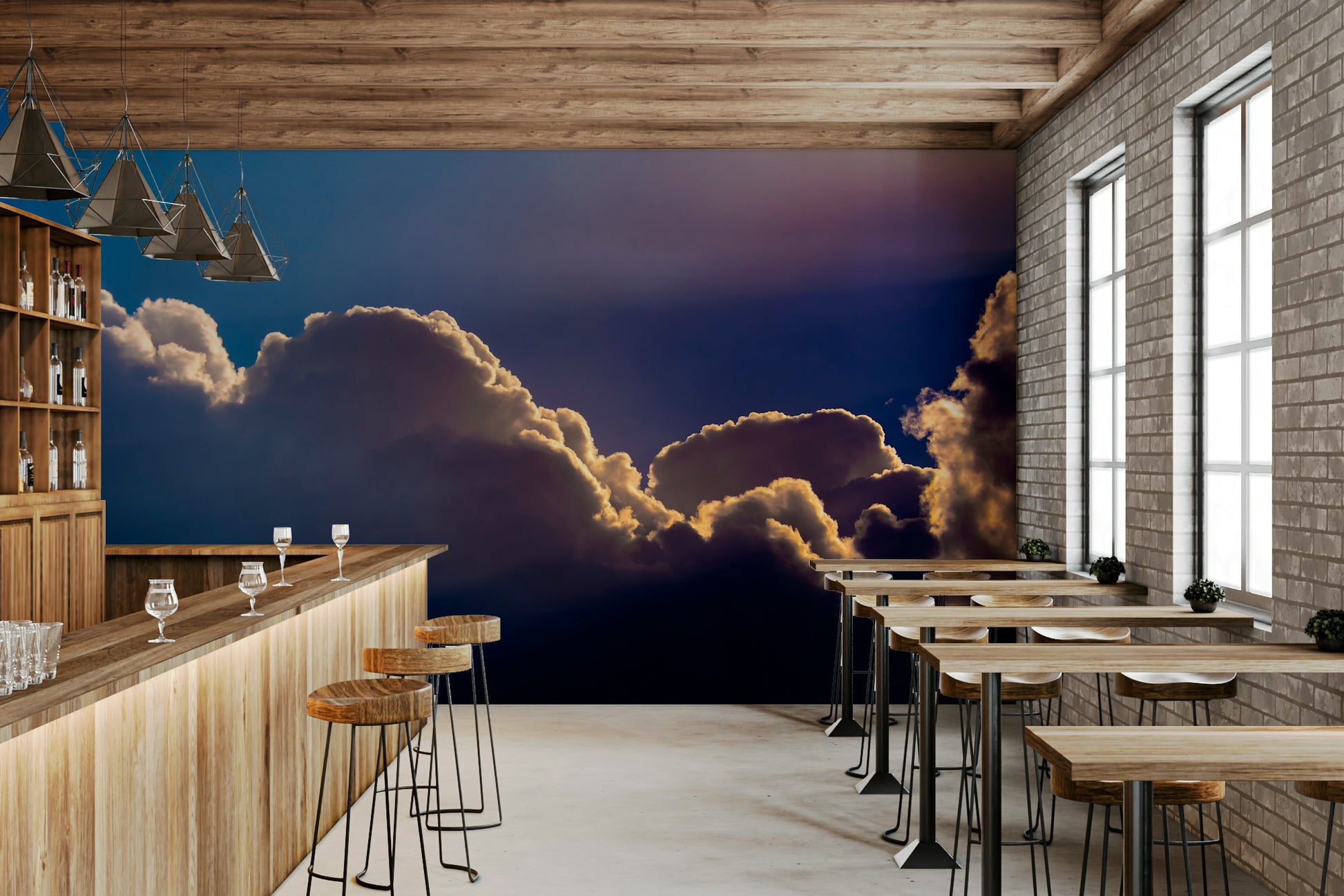 A calming serene sky wallpaper mural that defines a space.

