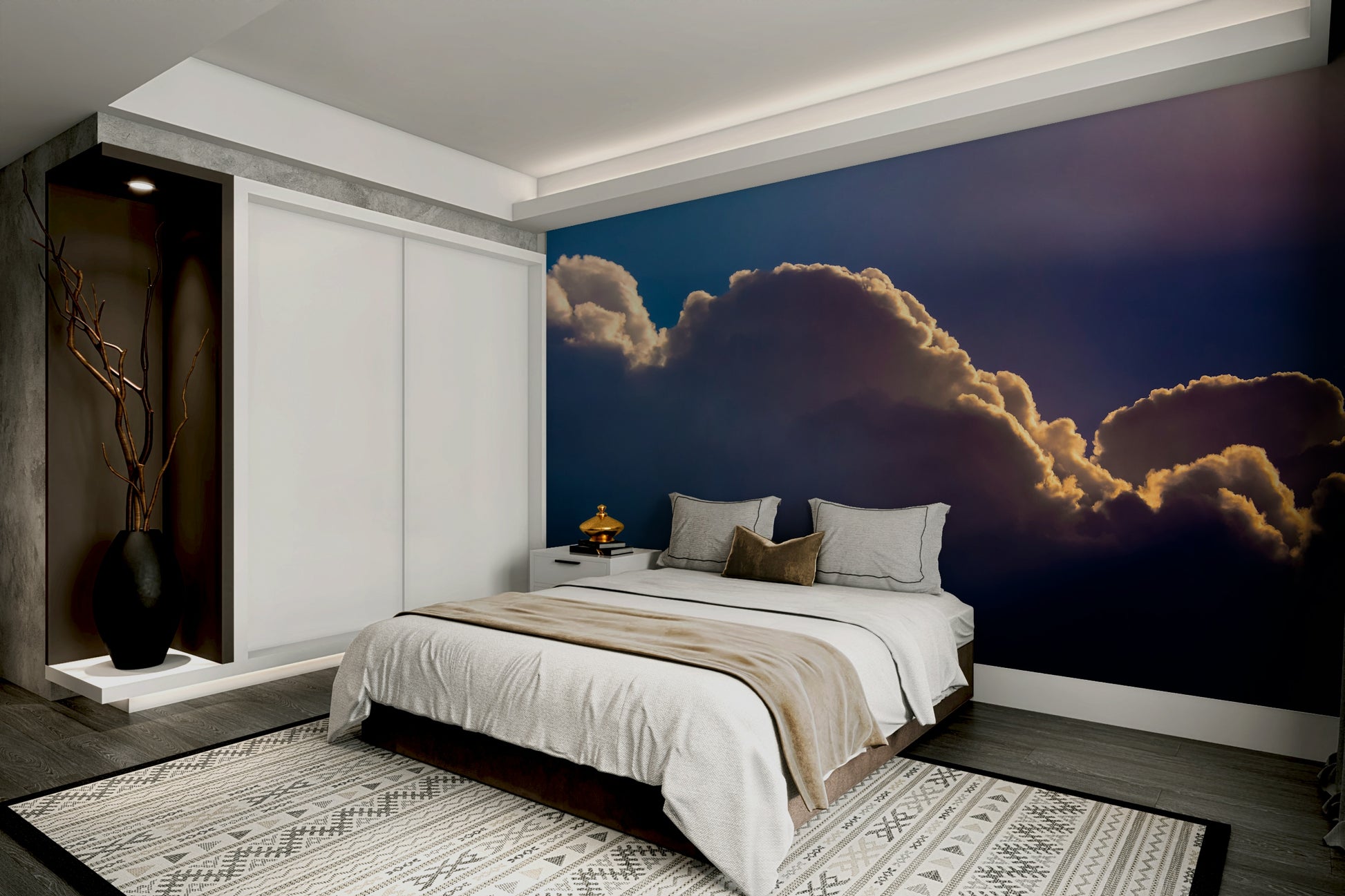 A peaceful sunrise scene mural on decorative wallpaper.

