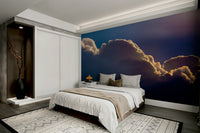 A peaceful sunrise scene mural on decorative wallpaper.

