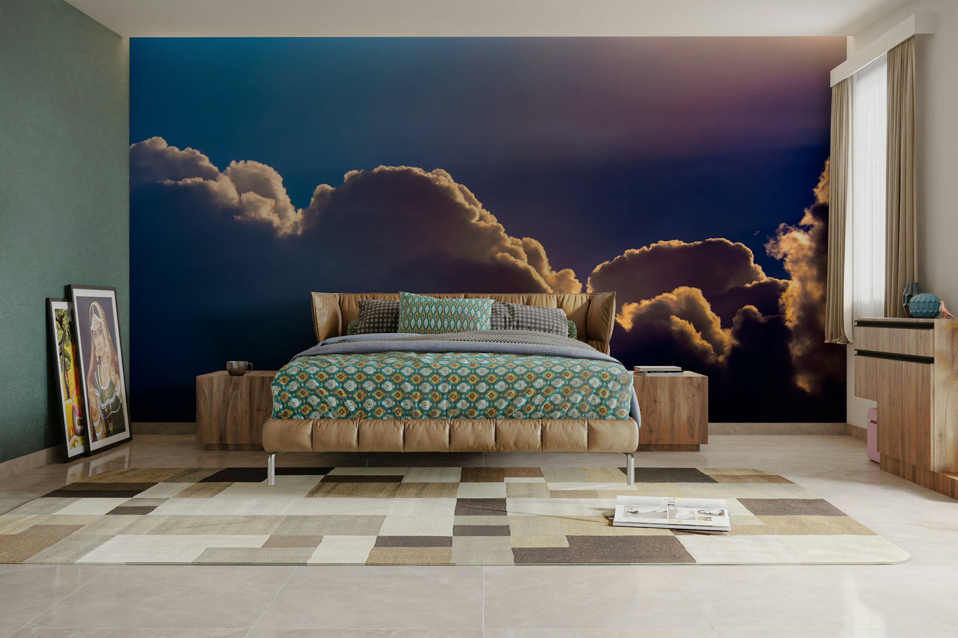 A graceful subtle sky wall mural in warm, natural tones.

