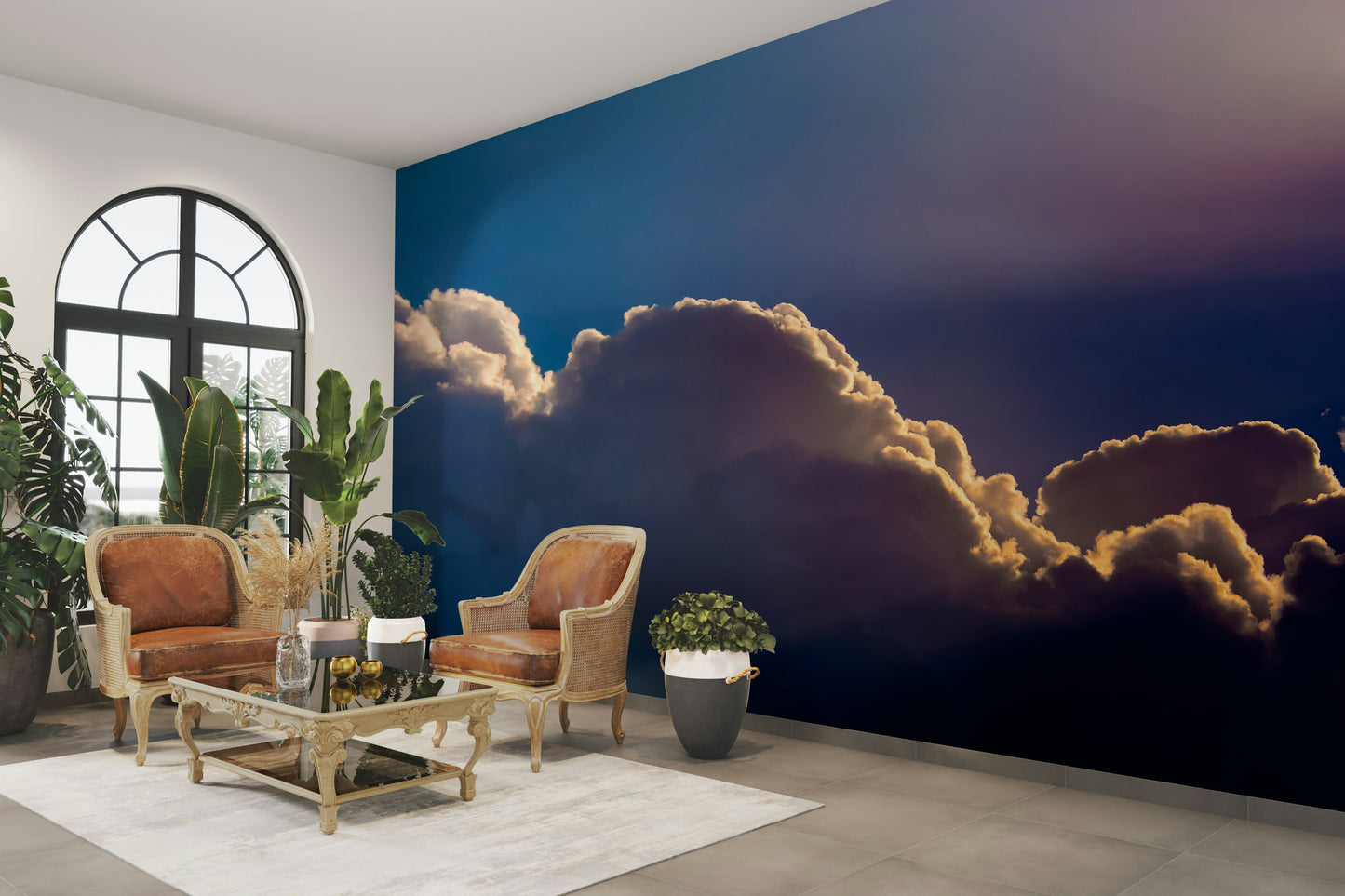 An artistic nature escape mural for home decor.

