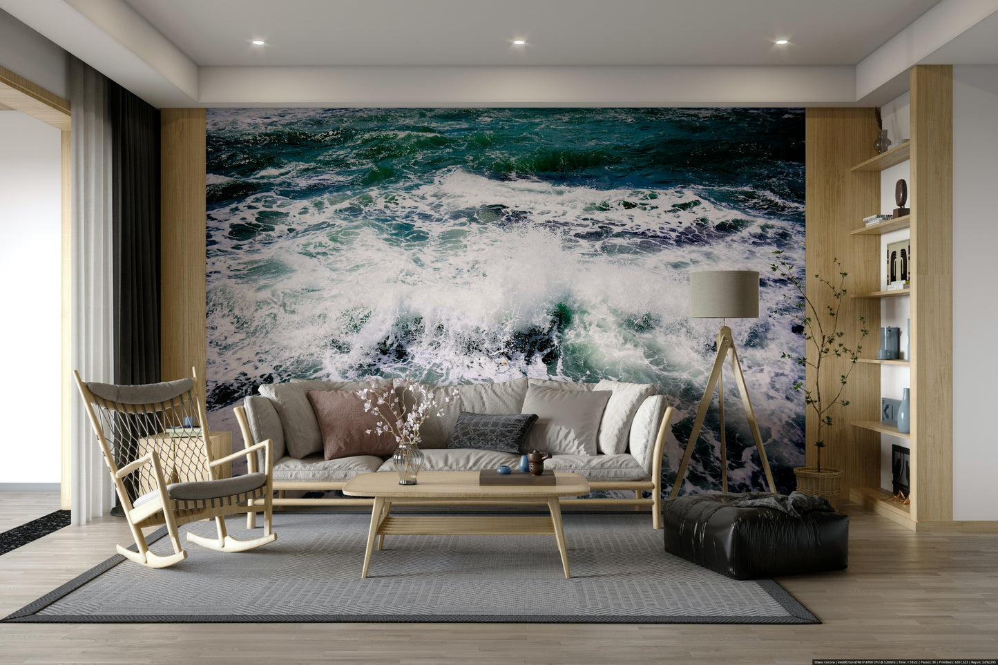 A peaceful monochrome abstract mural on decorative wallpaper.

