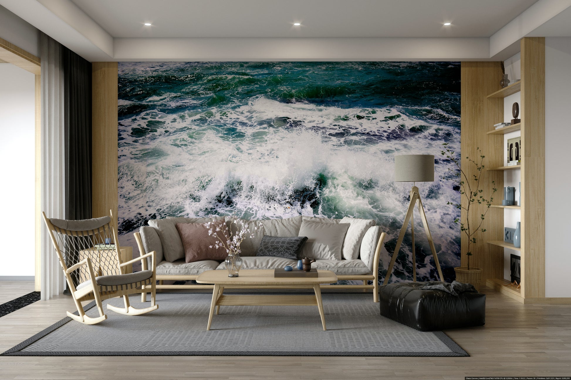 A peaceful monochrome abstract mural on decorative wallpaper.

