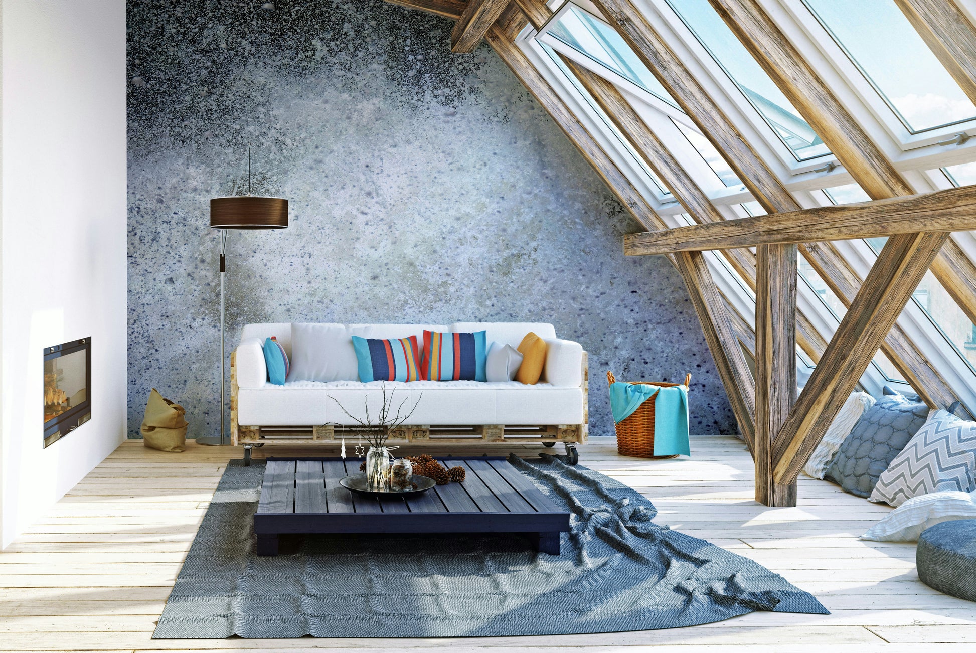 A graceful subtle energy wall mural in cool, natural tones.

