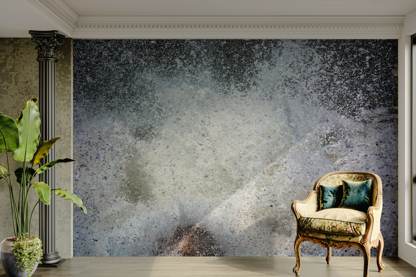 A contemplative exploding design wallpaper mural for a feature wall.

