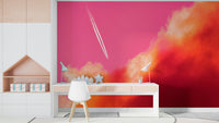 A peaceful distant landscape mural on decorative wallpaper.

