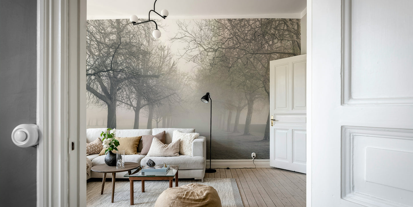 Foggy Forest Lane Wall Mural
