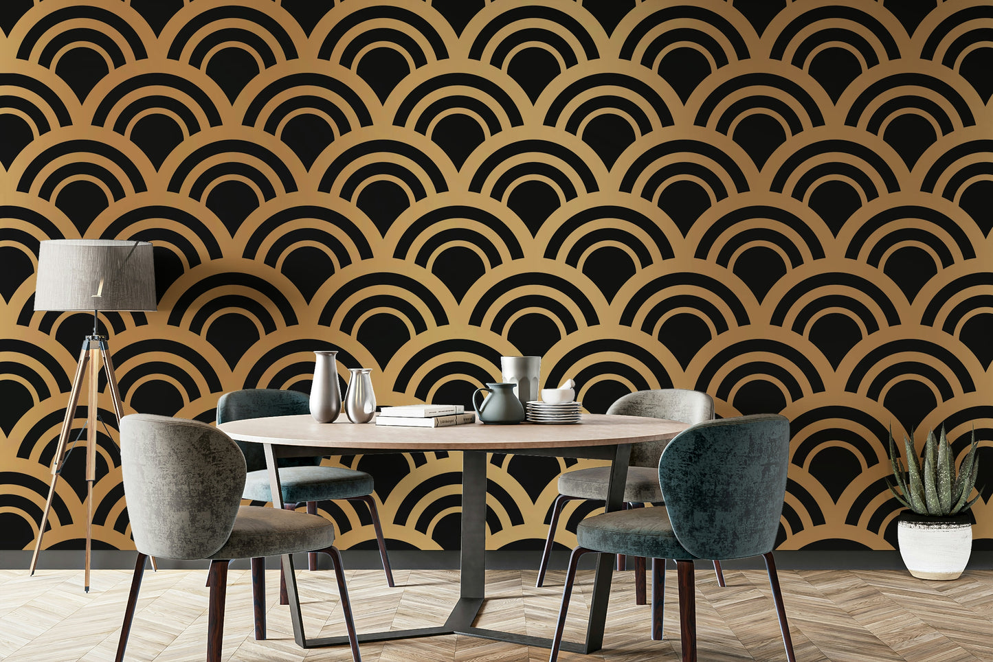 Luxury Gold Art Deco Waves Wall Mural