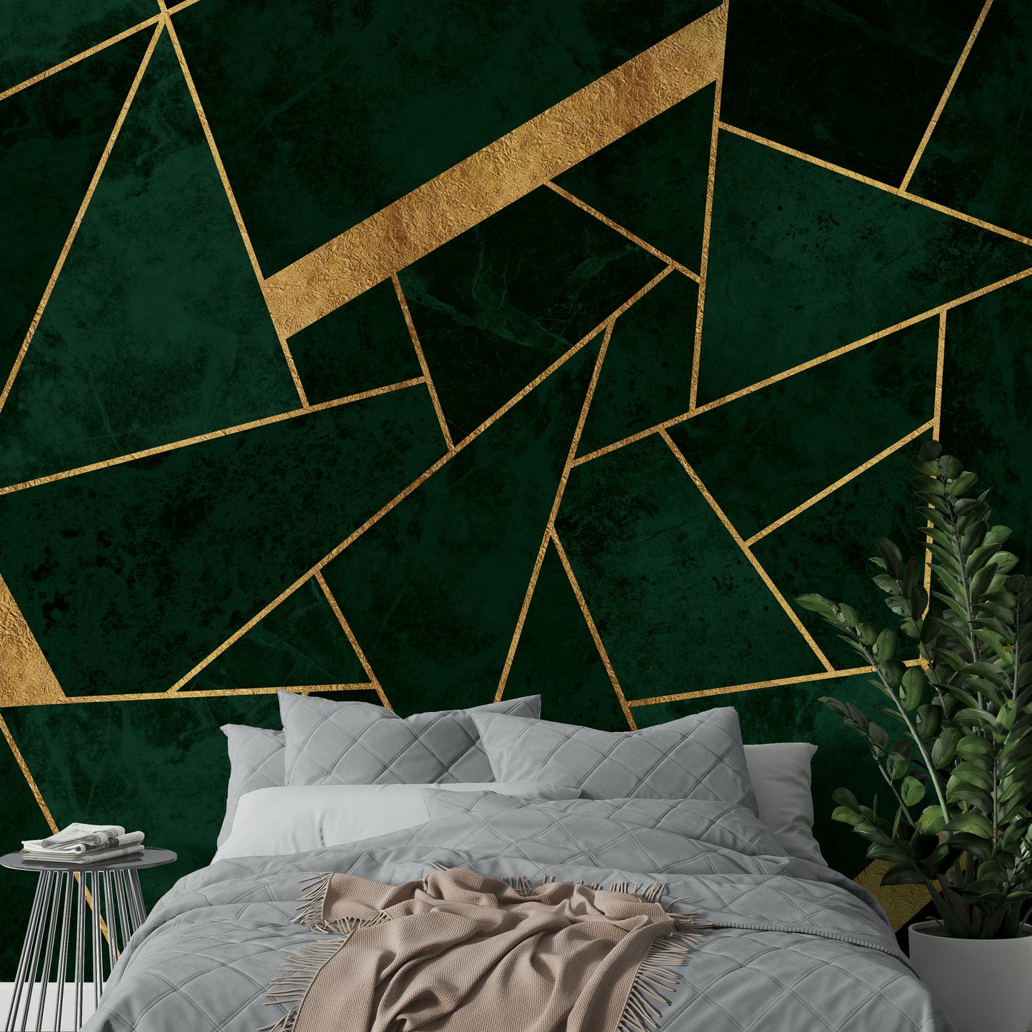 Dark Green Emerald and Gold Mosaic Wall Mural