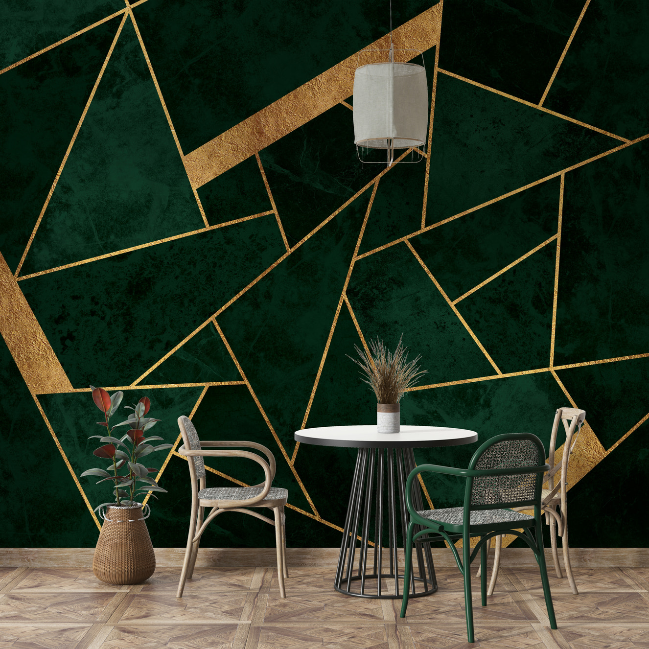 Dark Green Emerald and Gold Mosaic Wall Mural