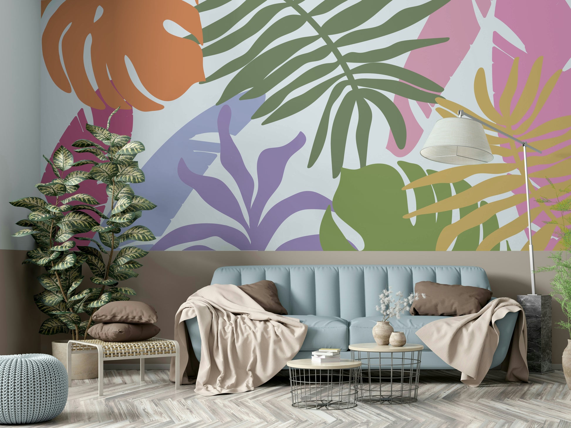 A graceful tropical leaf wall mural in bright, bold tones.

