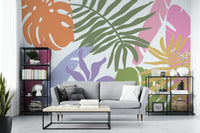 A calming jungle design wallpaper mural that defines a space.

