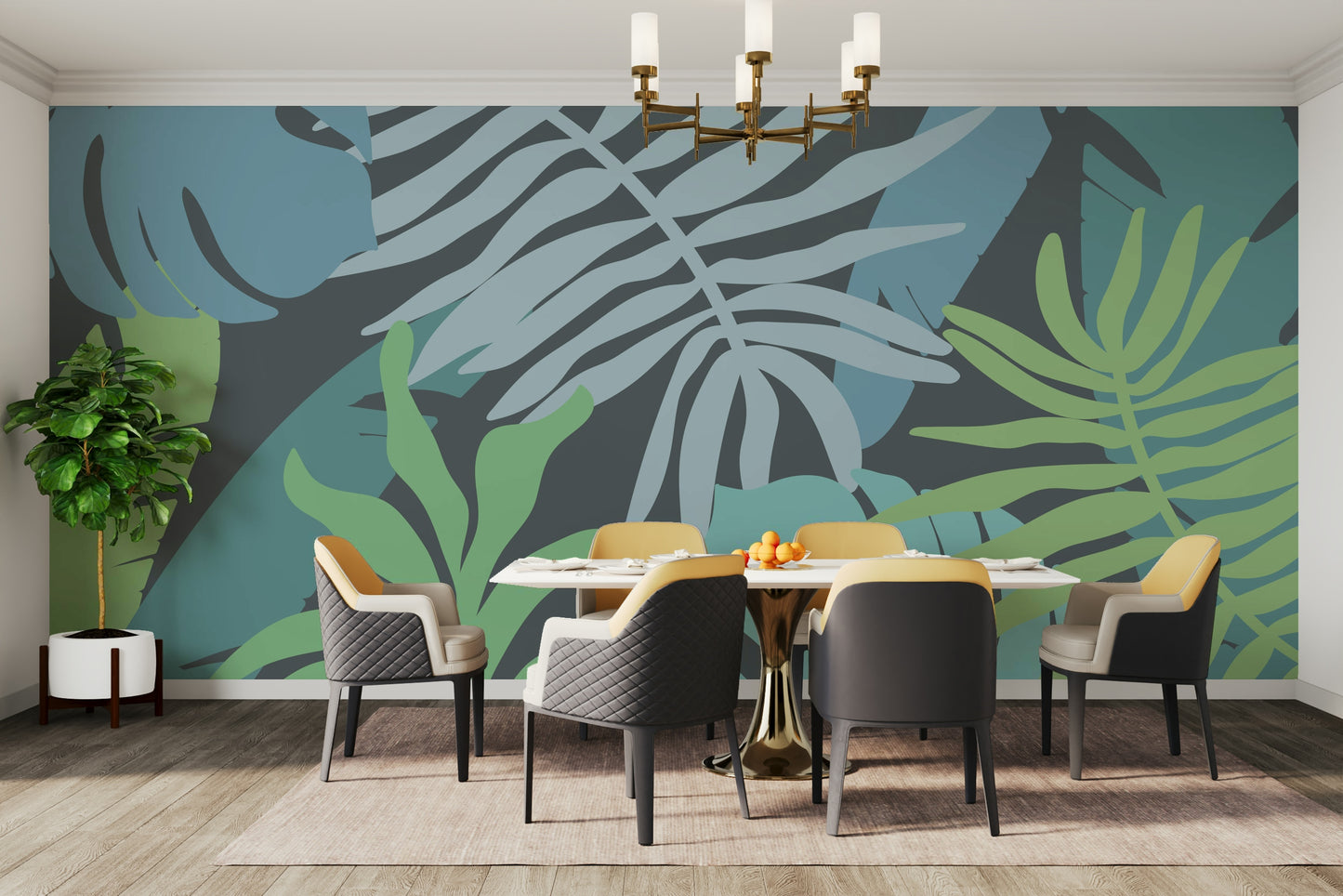 An artistic exotic beach mural on minimalist wallpaper.

