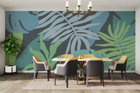 An artistic exotic beach mural on minimalist wallpaper.

