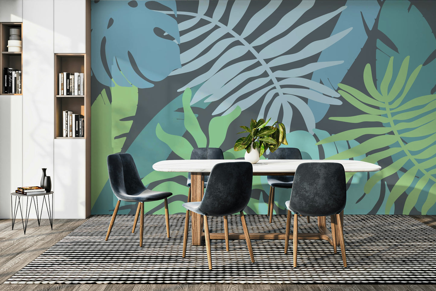A peaceful island scene mural on decorative wallpaper.

