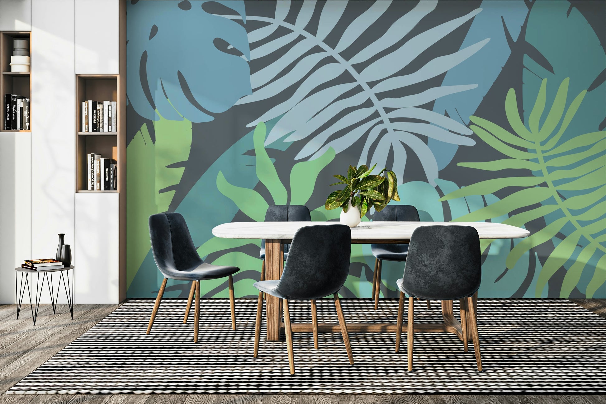 A peaceful island scene mural on decorative wallpaper.

