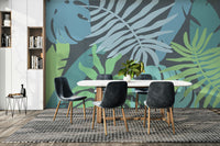 A peaceful island scene mural on decorative wallpaper.


